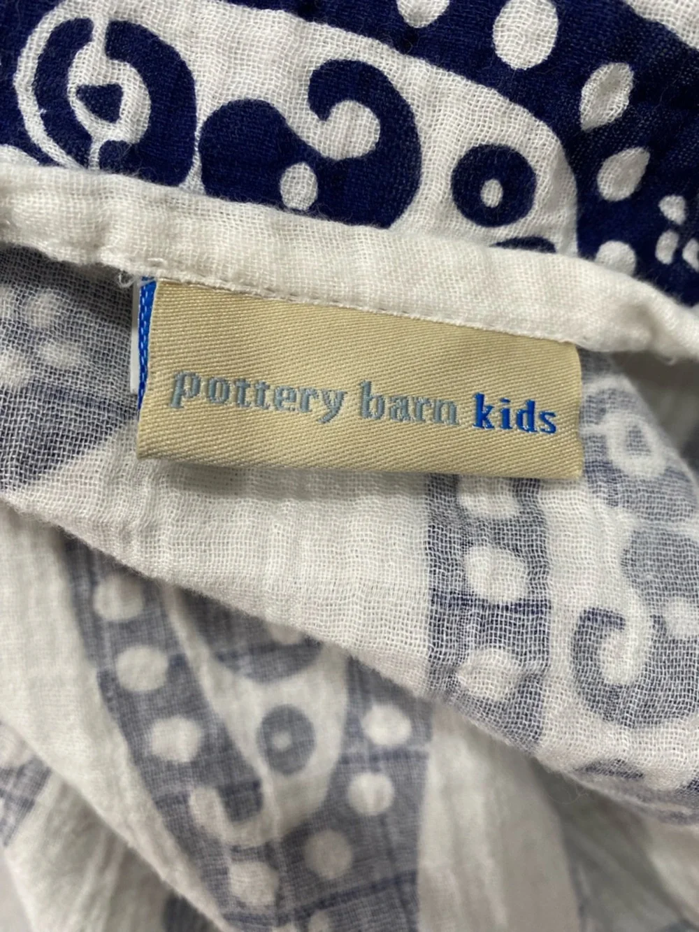Pottery Barn Kids Organic Cotton Muslin Paisley Blanket 50x50 Blue White Throw - Picture 5 of 12
